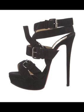 ❤️ RED BOTTOM ❤️ Black Suede Strappy Platform High-Heel Sandals